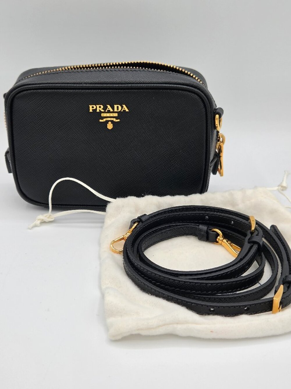 Prada Saffiano Lux Mini Camera Bag – Black Saffiano Leather | Gold Hardware